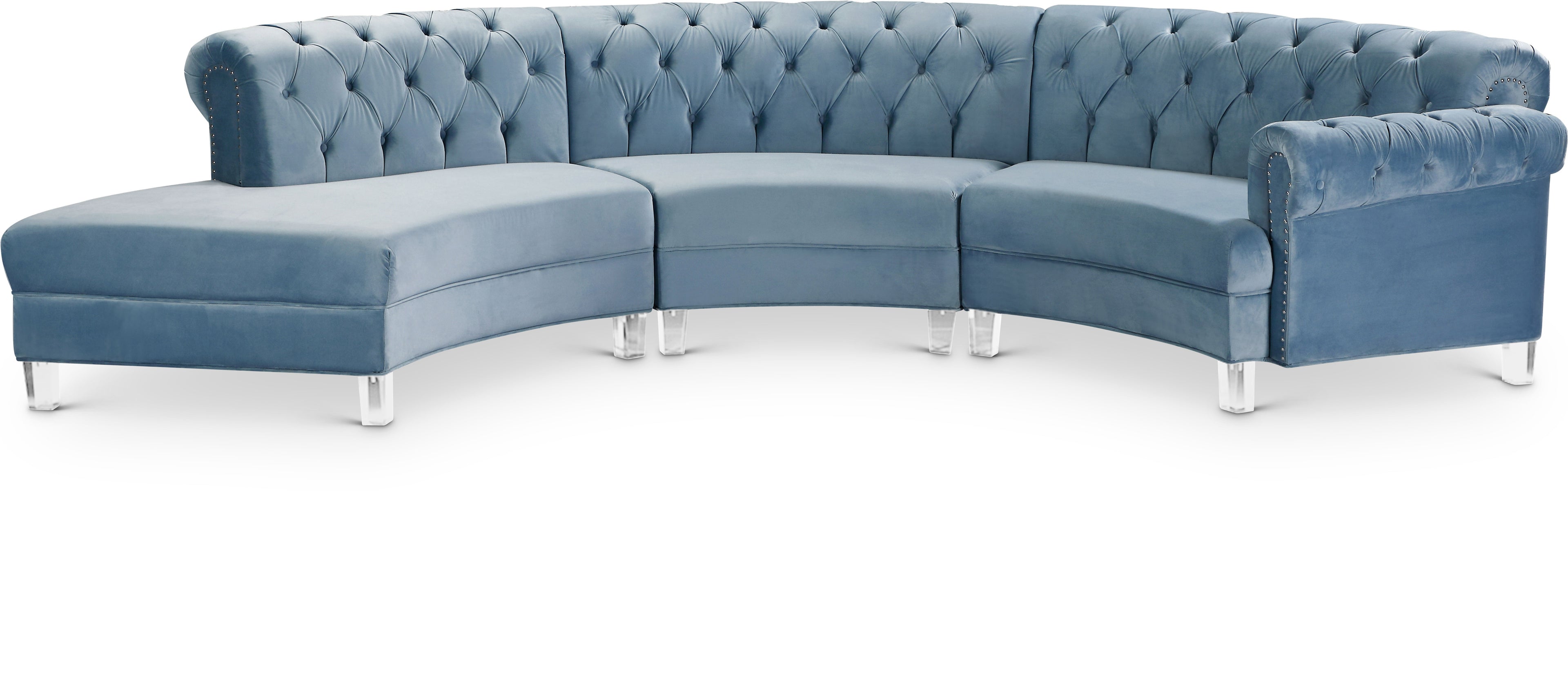 Anabella Sky Blue Velvet 3pc. Sectional