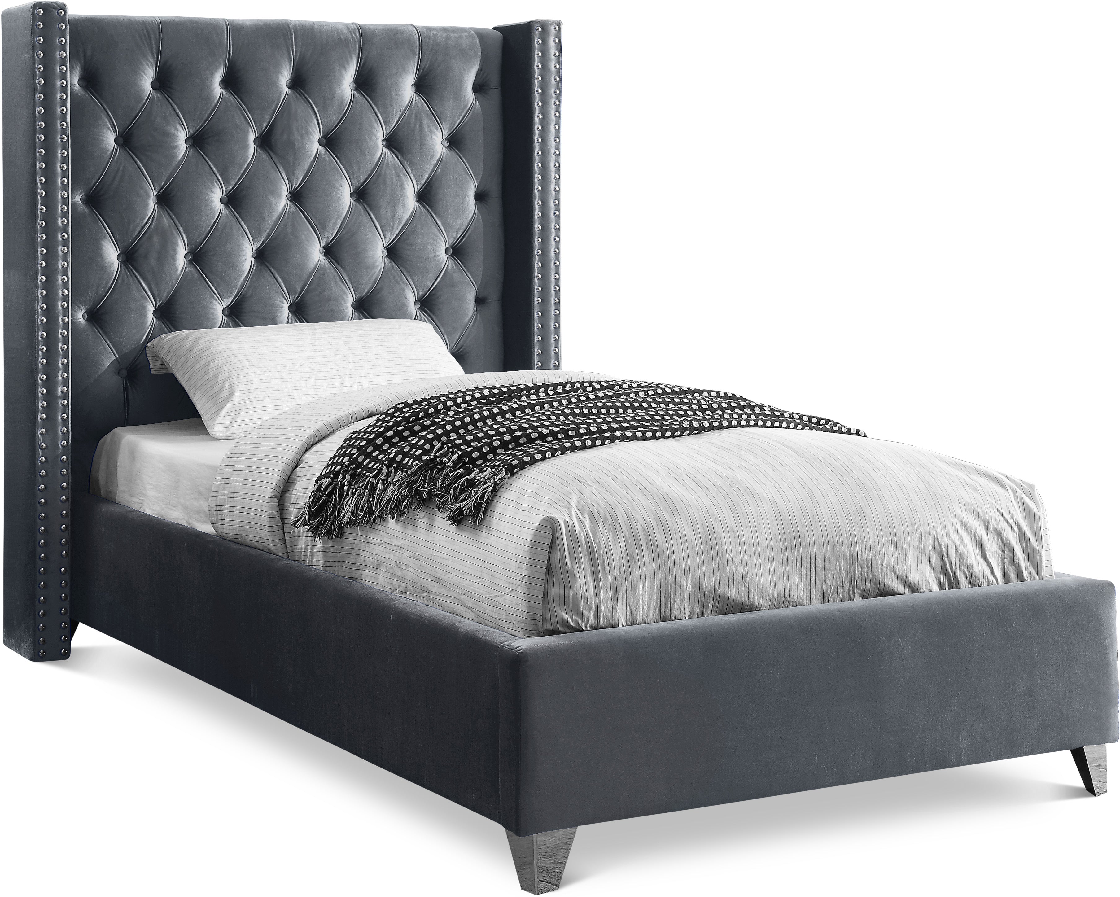 Aiden Grey Velvet Twin Bed