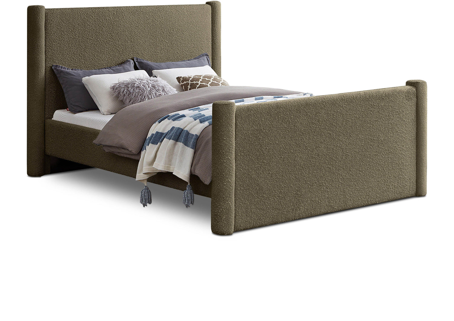 Elias Olive Green Boucle Fabric King Bed