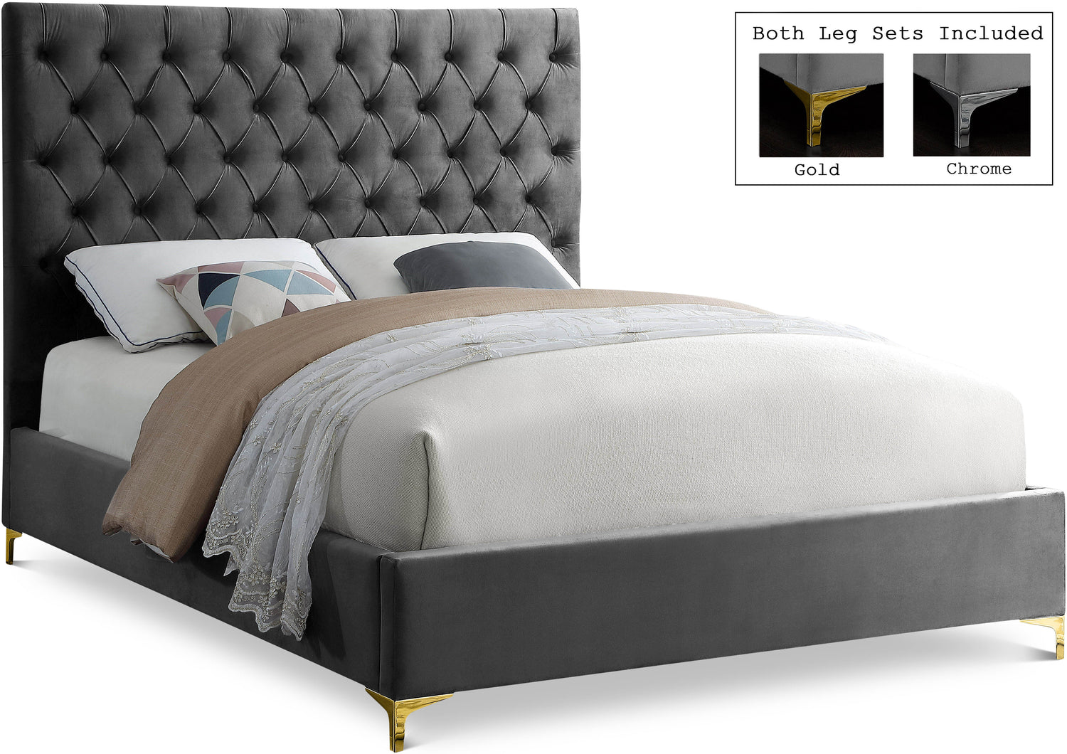 Cruz Grey Velvet Queen Bed