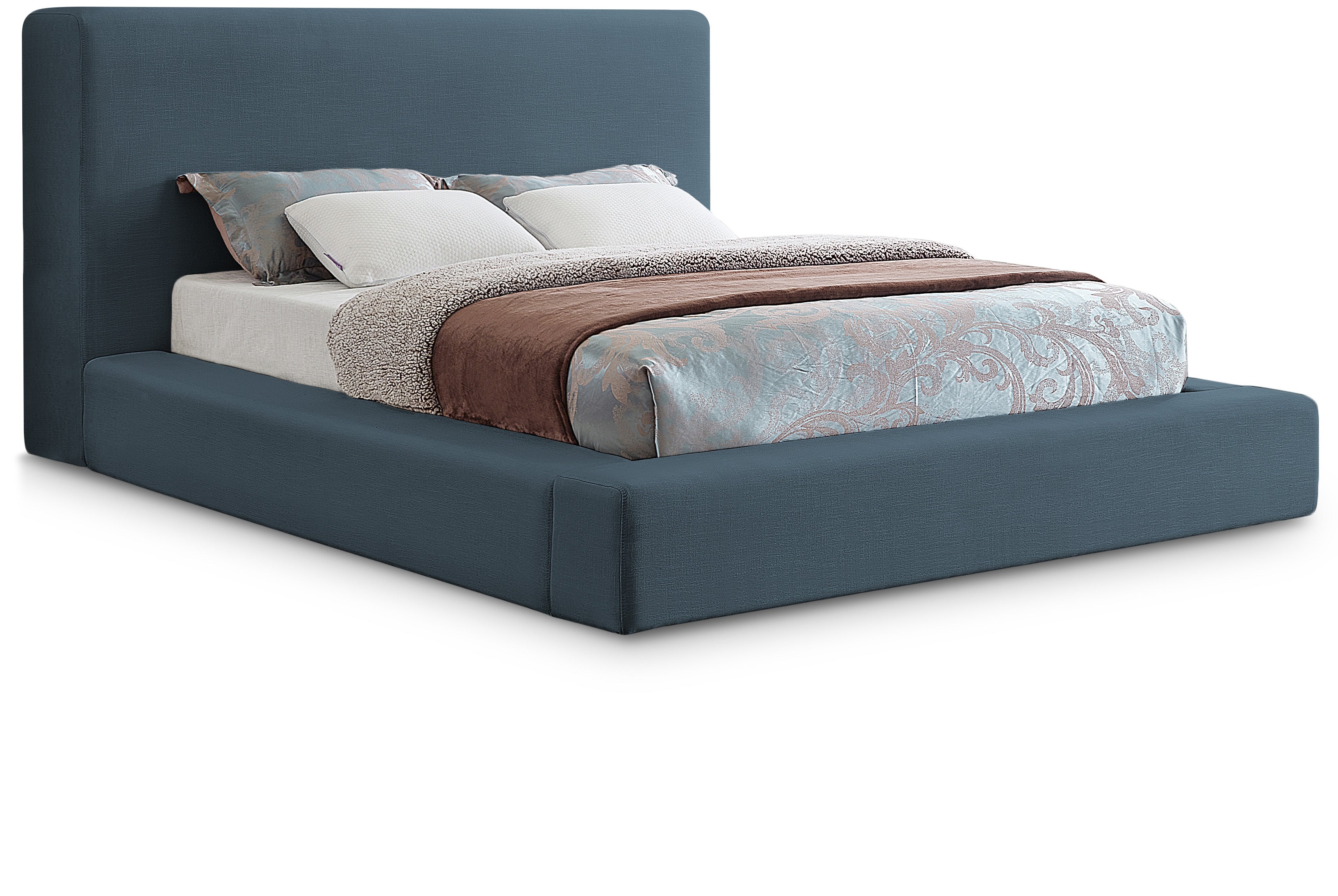 Devin Navy Linen Textured Fabric Queen Bed