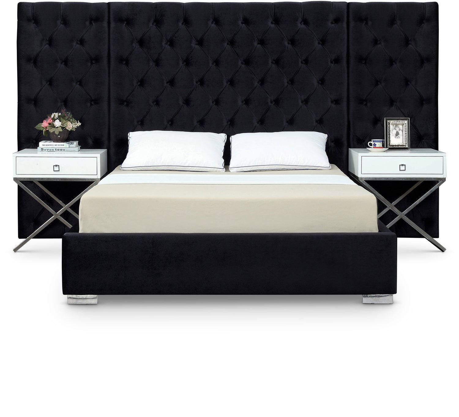 Grande Black Velvet Queen Bed (3 Boxes)