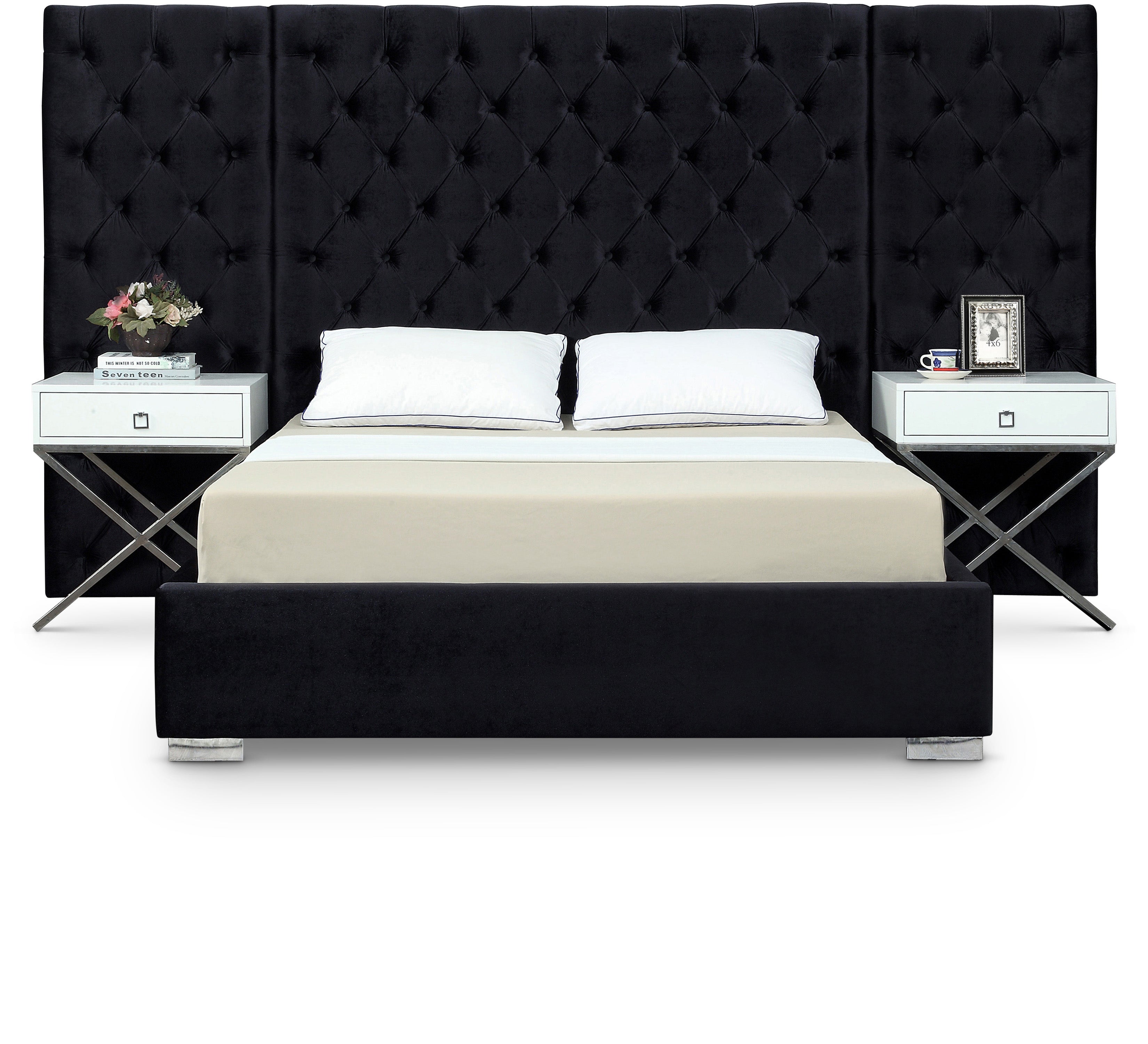 Grande Black Velvet Queen Bed (3 Boxes)