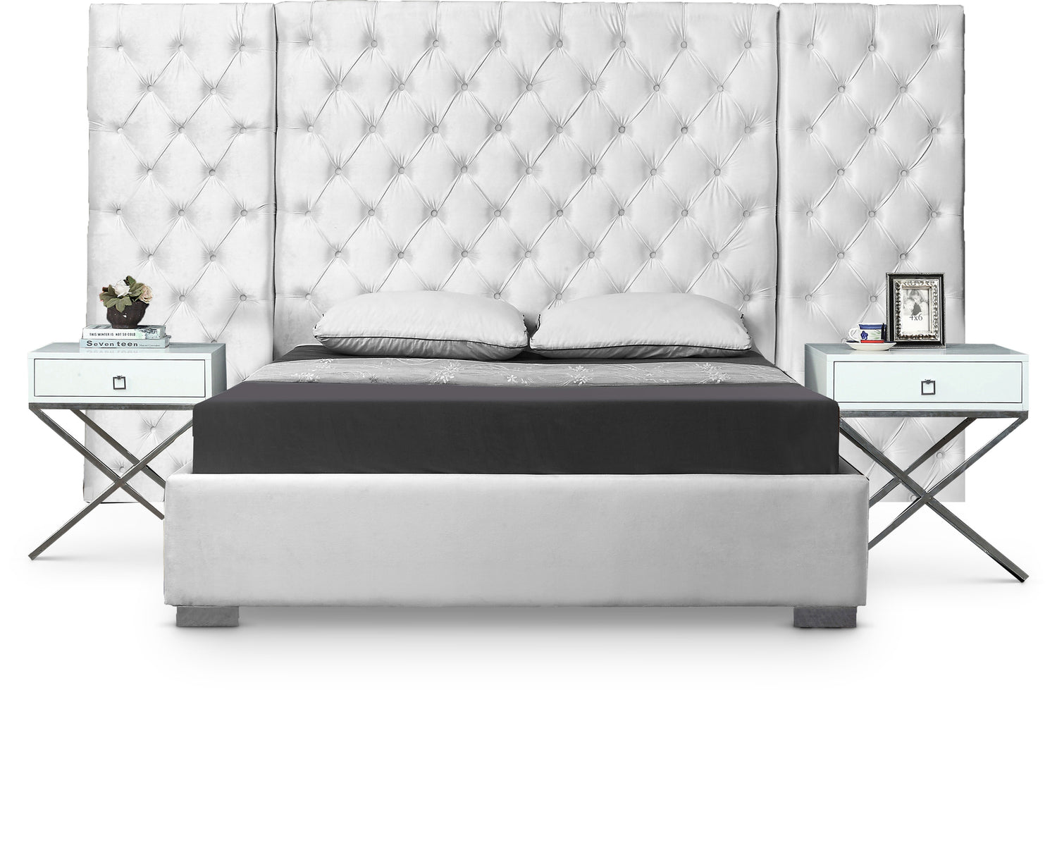 Grande White Velvet Queen Bed (3 Boxes)