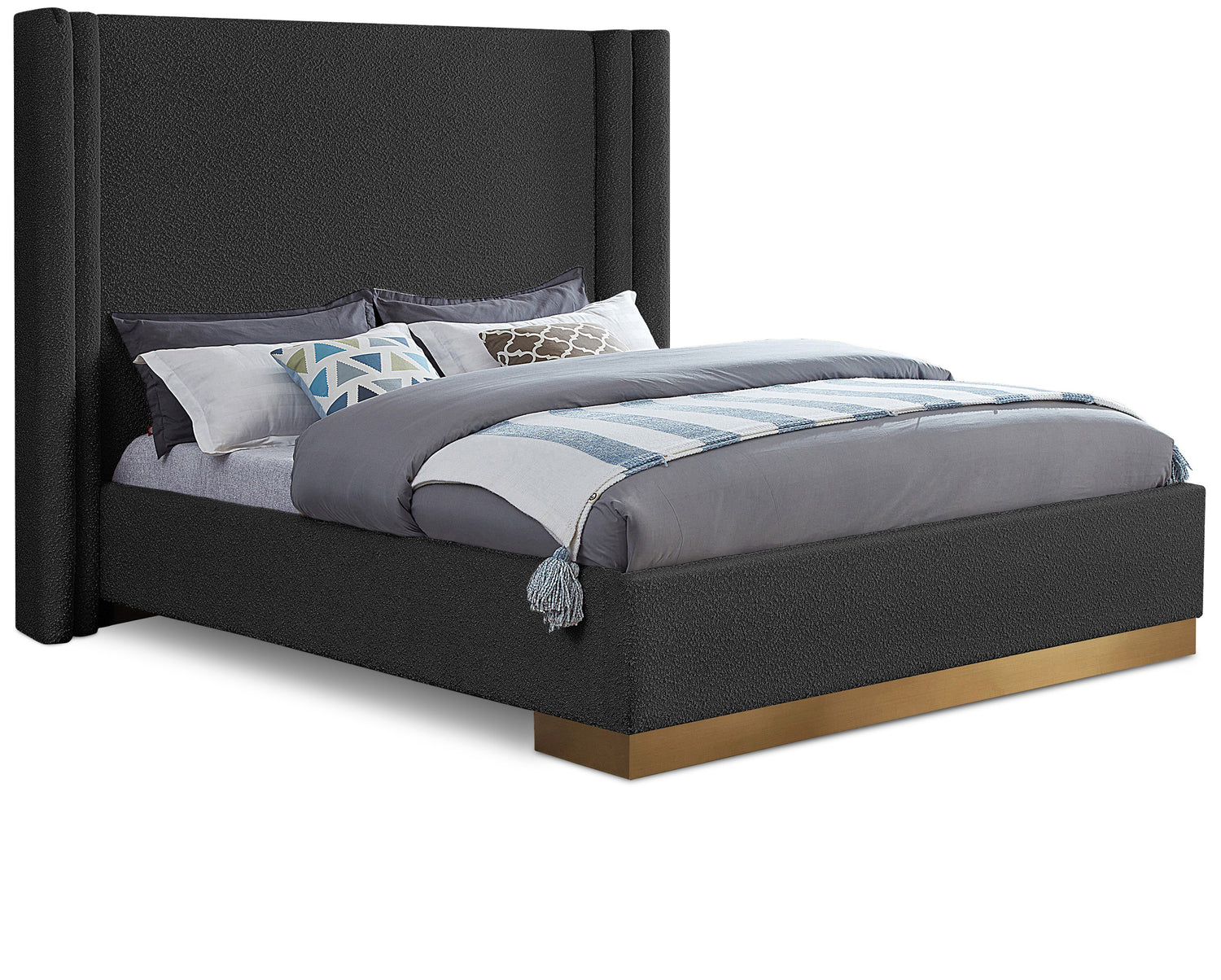 Halton Black Boucle Fabric Queen Bed (3 Boxes)