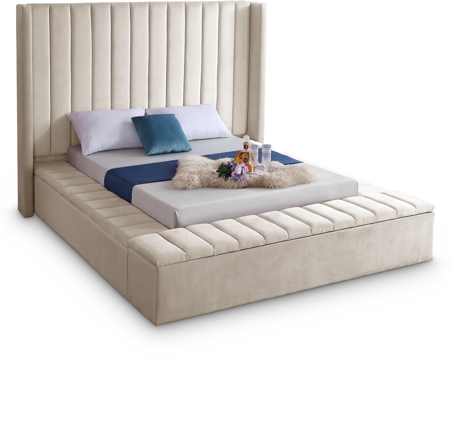 Kiki Cream Velvet Queen Bed (3 Boxes)