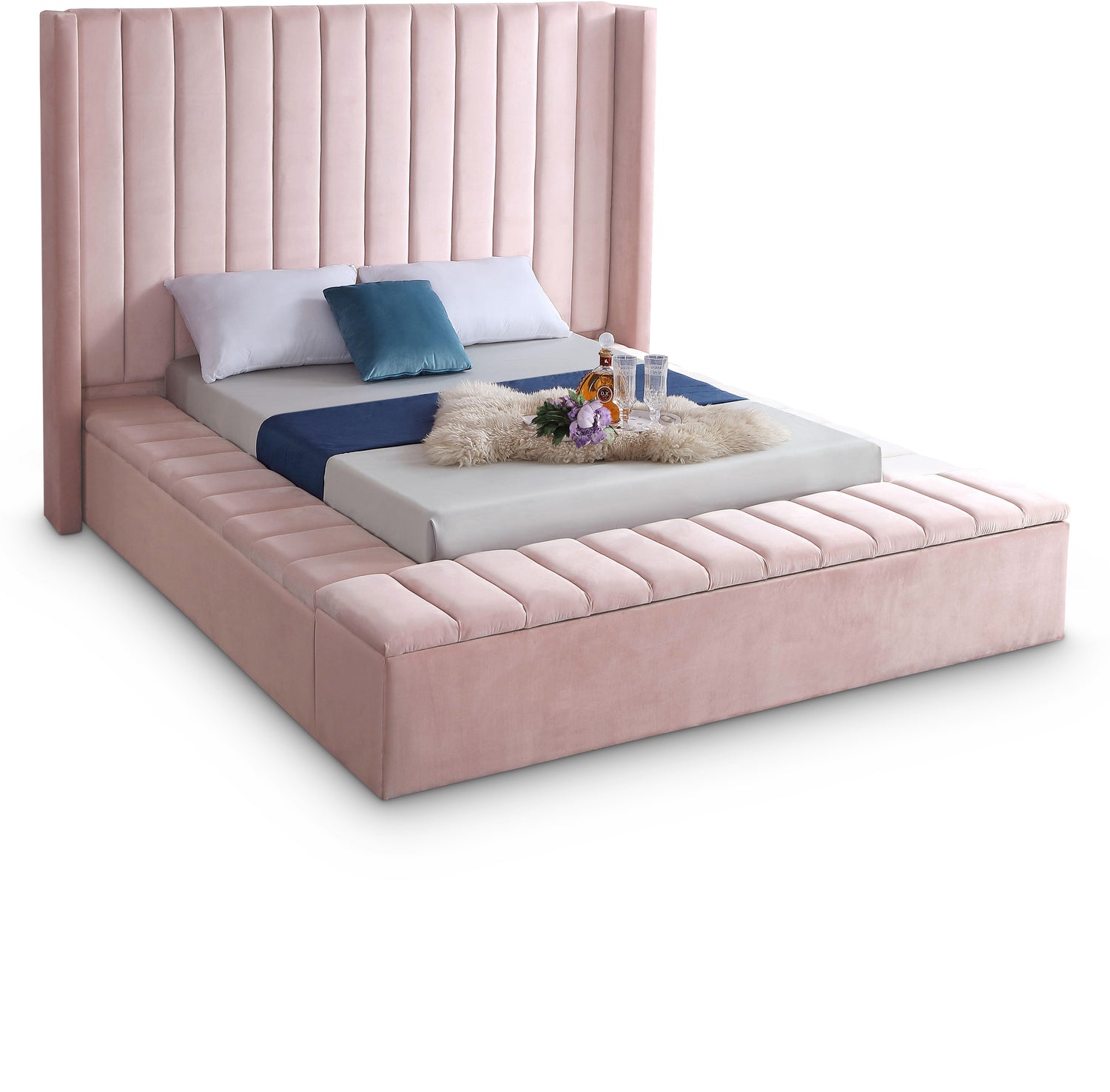 Kiki Pink Velvet Queen Bed (3 Boxes)