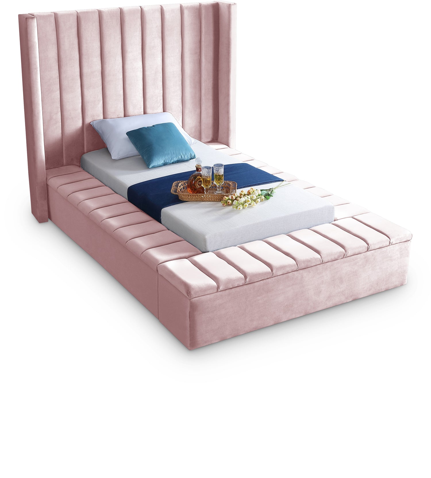 Kiki Pink Velvet Twin Bed (3 Boxes)