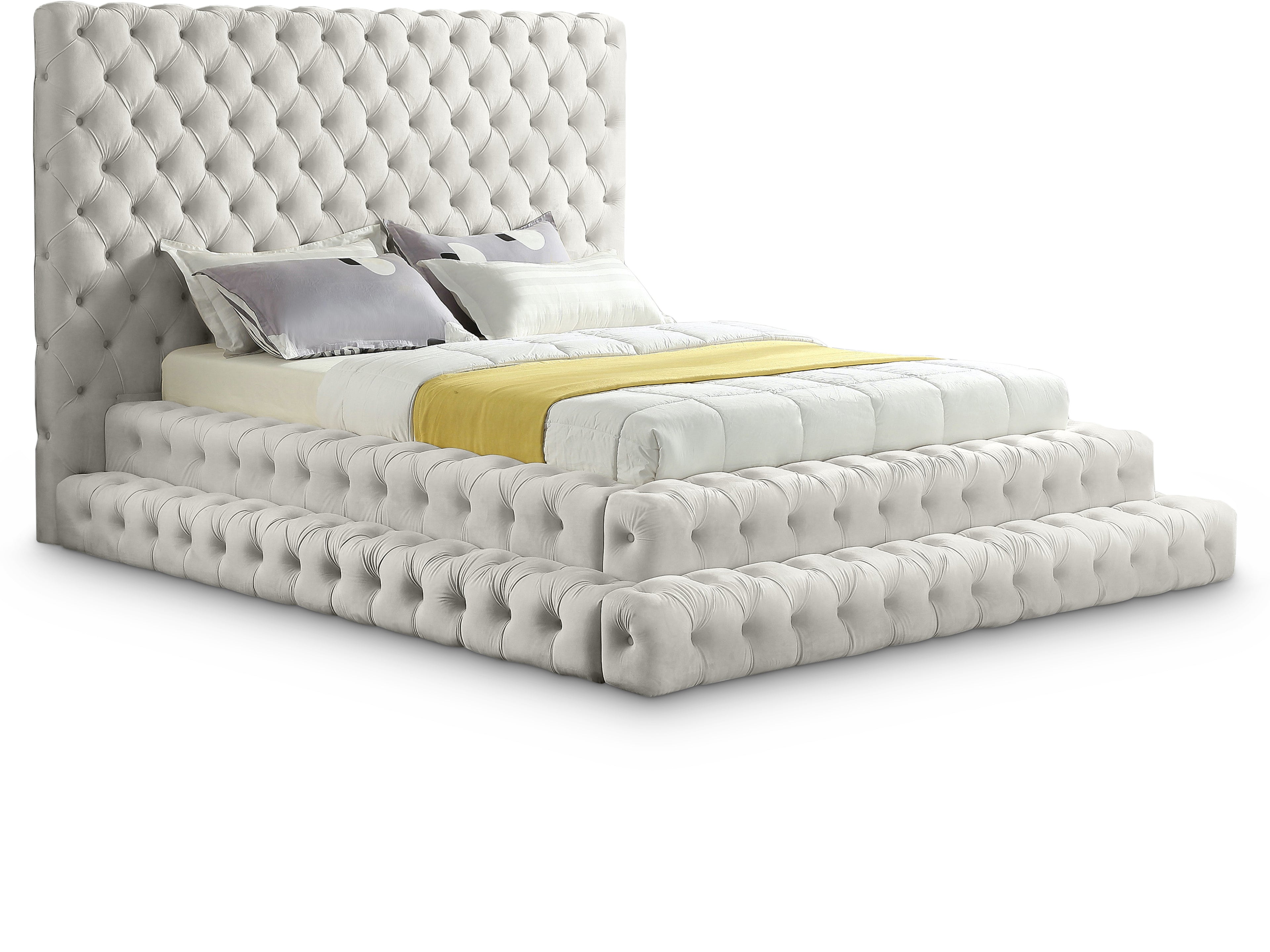 Revel Cream Velvet Queen Bed (3 Boxes)