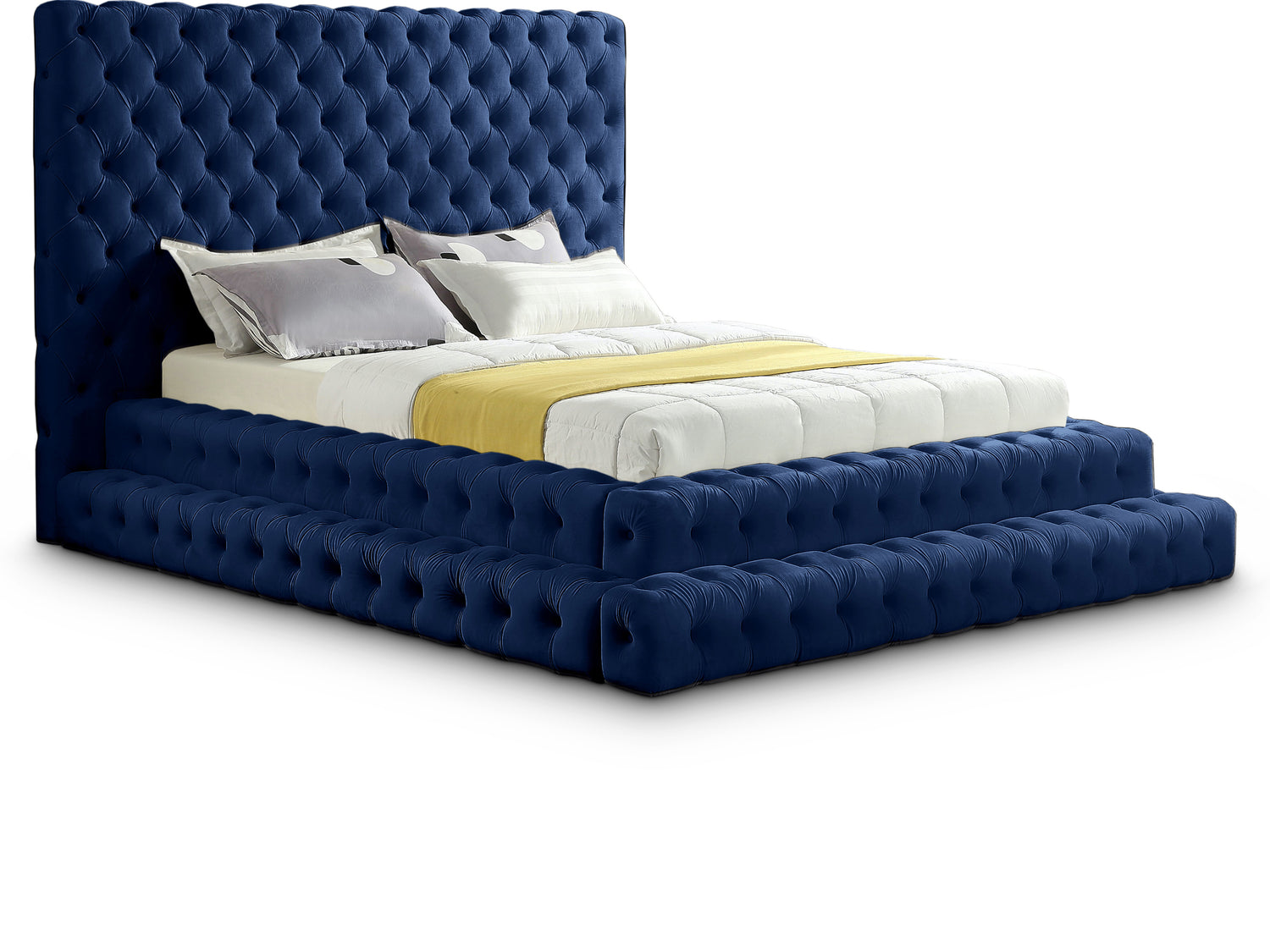 Revel Navy Velvet Queen Bed (3 Boxes)