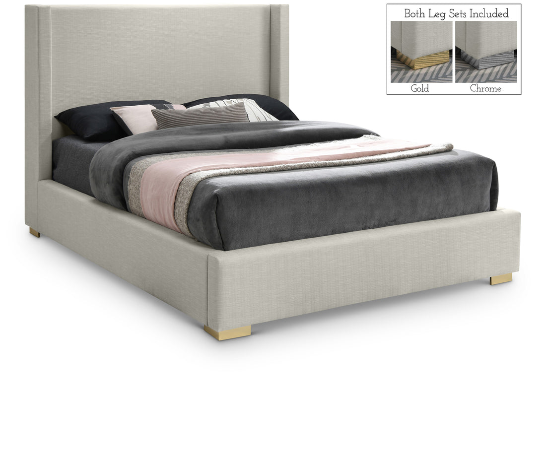 Royce Beige Linen Textured Fabric King Bed (3 Boxes)