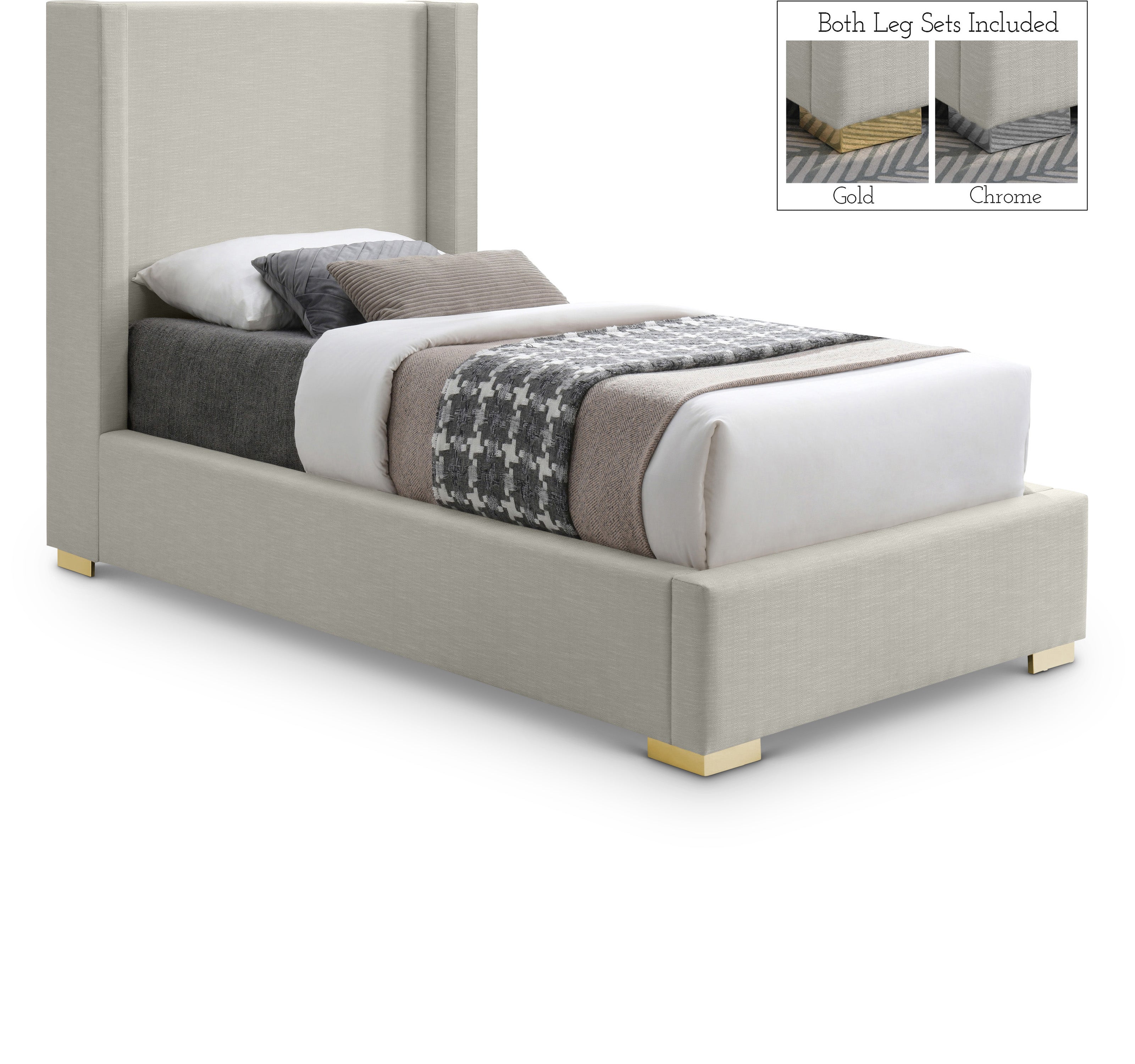 Royce Beige Linen Textured Fabric Twin Bed (3 Boxes)