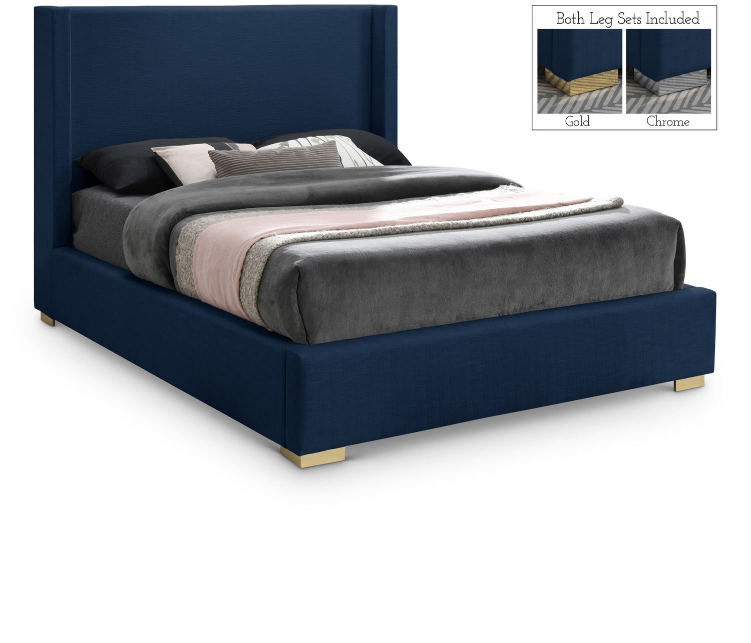 Royce Navy Linen Textured Fabric King Bed (3 Boxes)