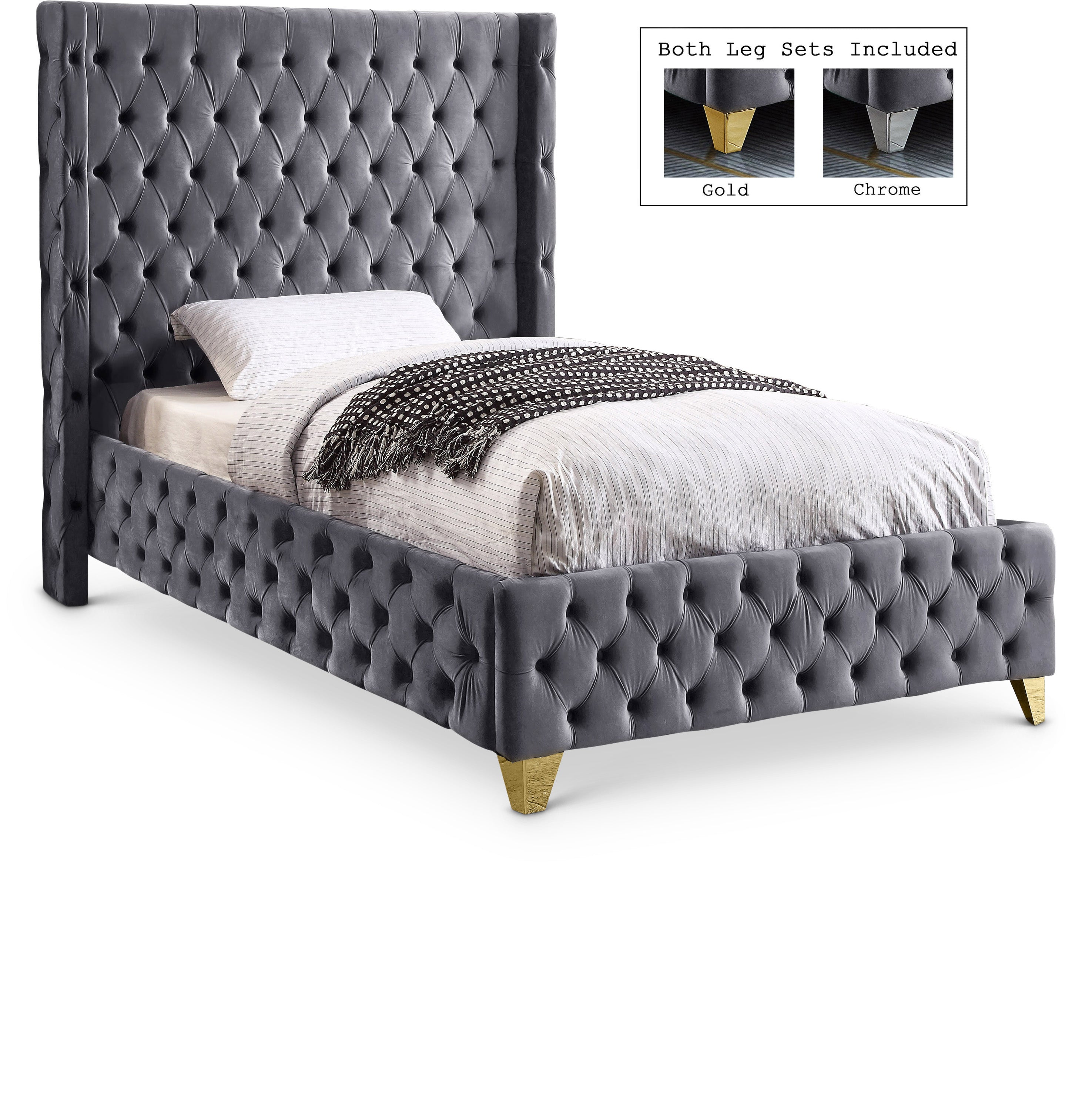 Savan Grey Velvet Twin Bed