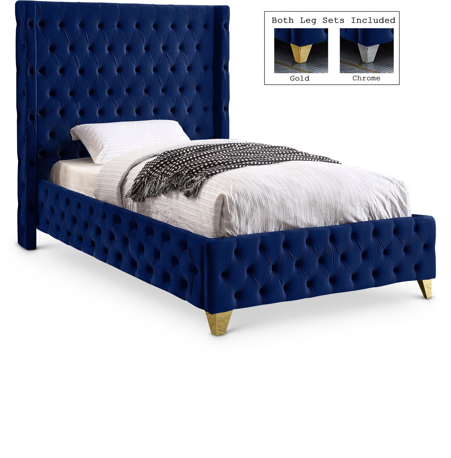 Savan Navy Velvet Twin Bed